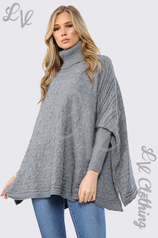 Grey cable-knit batwing jumper with high cowl neck, long flared sleeves, front view