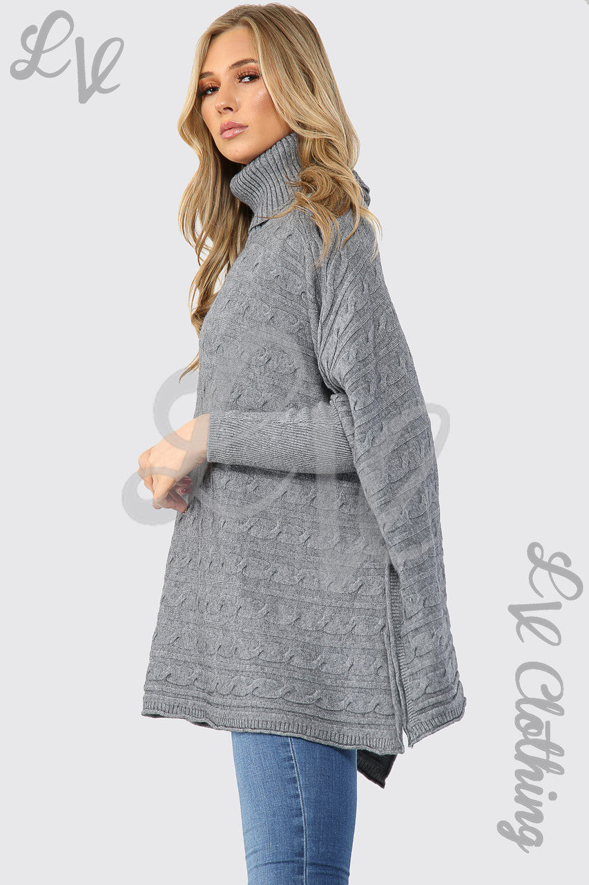 Ladies Cowl Neck Cable Knitted Batwing Jumper Grey - Unit Price £20.99