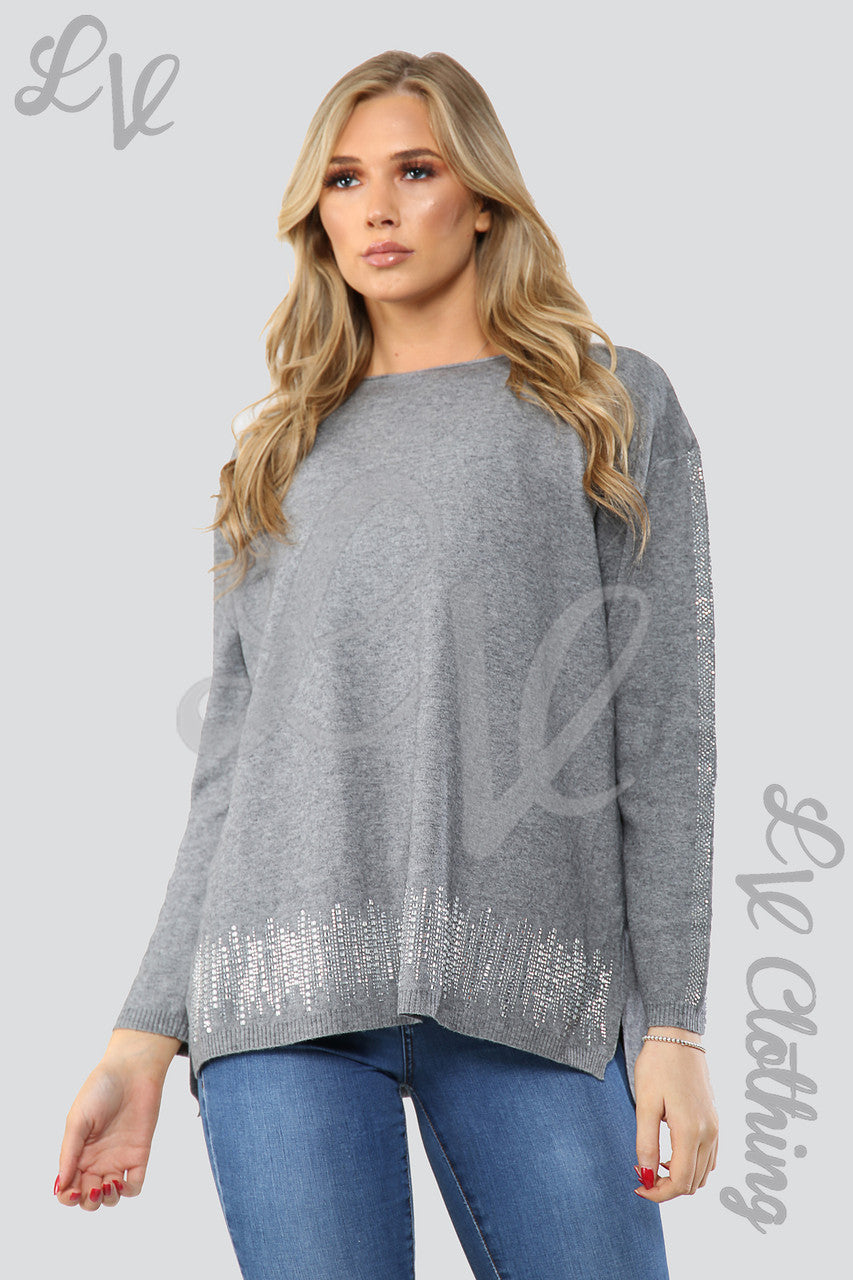 Dames trui met paillettenzoom en -mouwen detail grijs Stukprijs € 20,99