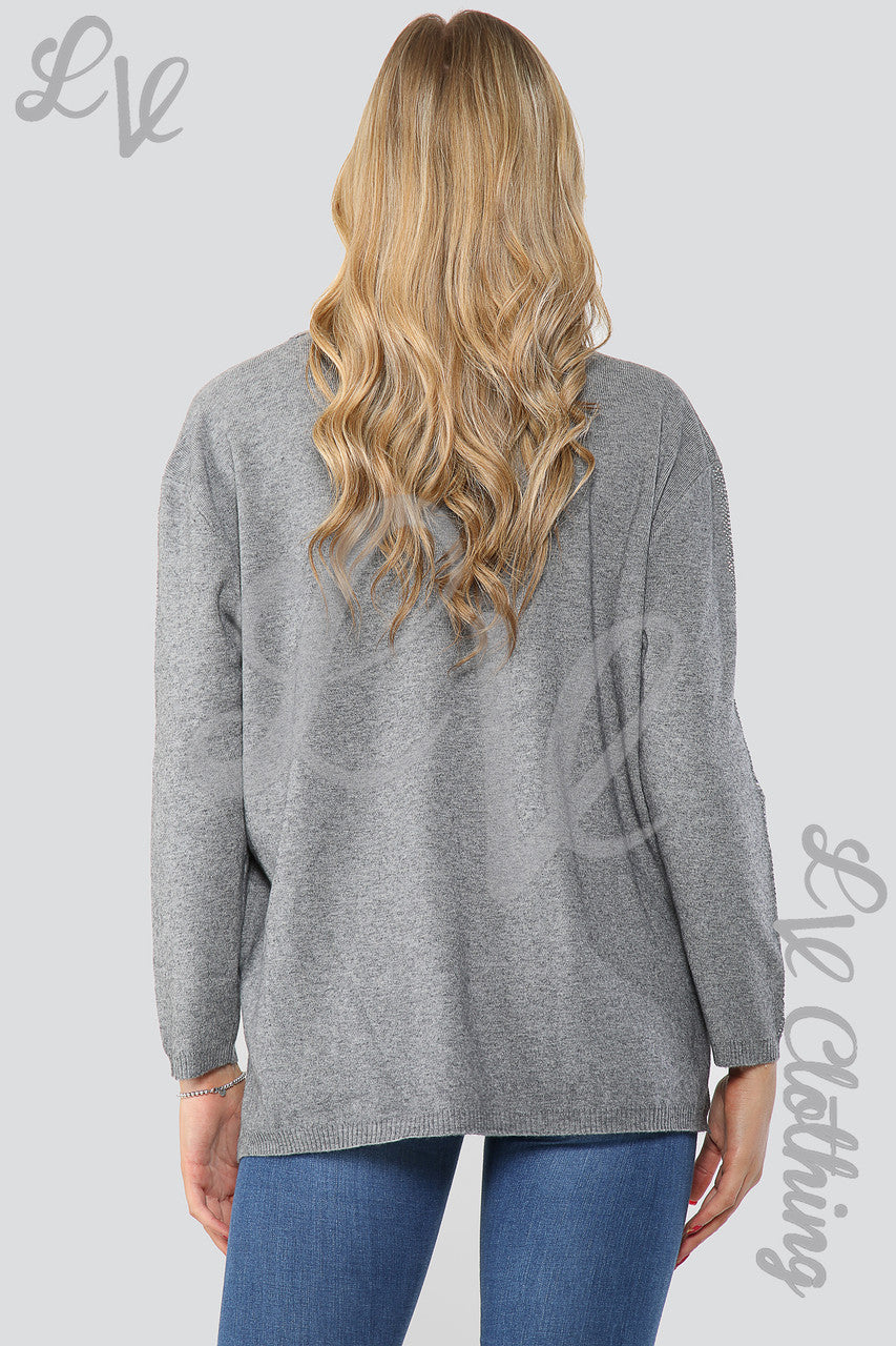 Dames trui met paillettenzoom en -mouwen detail grijs Stukprijs € 20,99