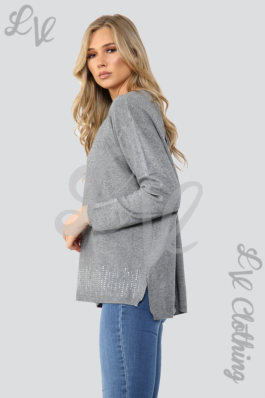 Dames trui met paillettenzoom en -mouwen detail grijs Stukprijs € 20,99