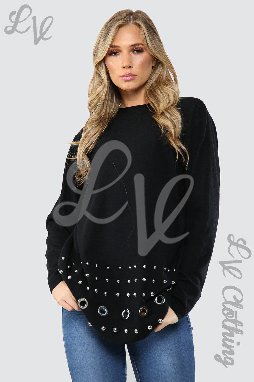 Dames Ronde Hals Trui met Studs Zwarte Stukprijs € 20,99