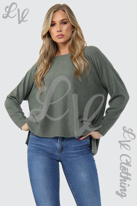 Ladies hi-lo fine knit jumper, khaki green, long sleeves, crew neck