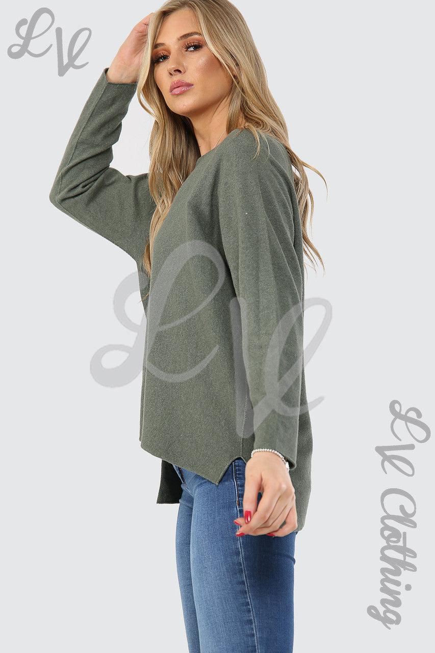 Ladies Hi Lo Fine Knitted Jumper Top Khaki - Unit Price £14.99
