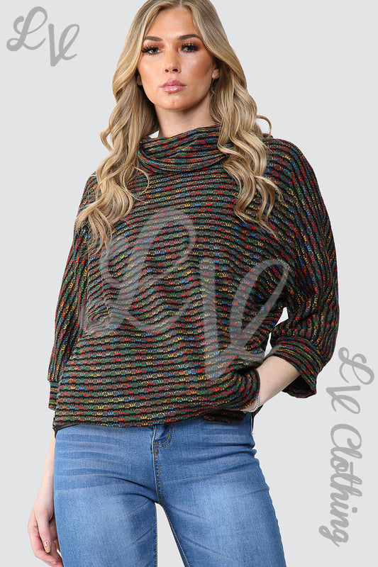 Multicoloured knitted cowl-neck jumper with long sleeves, loose fit