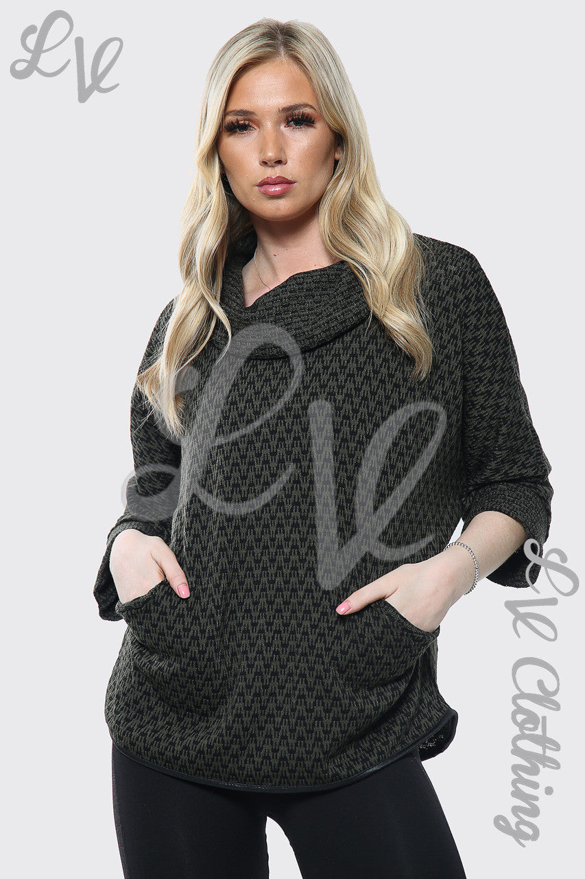 Ladies Cowl Neck Dogtooth Print Jumper Khaki Unit Price £10.99