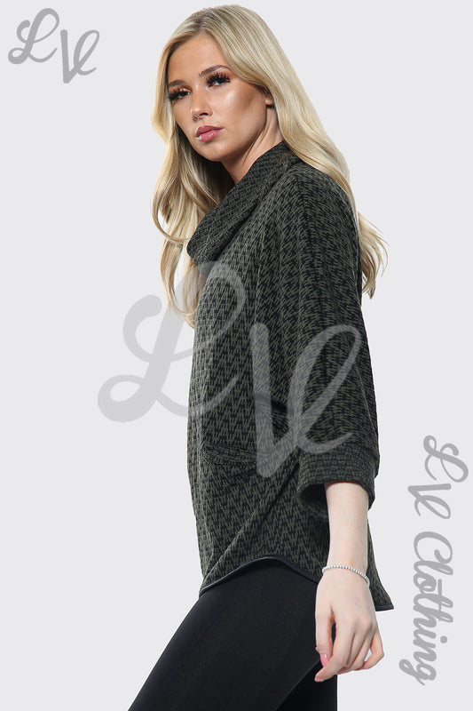 Women's cowl neck dogtooth jumper in dark charcoal, three-quarter sleeve, side view