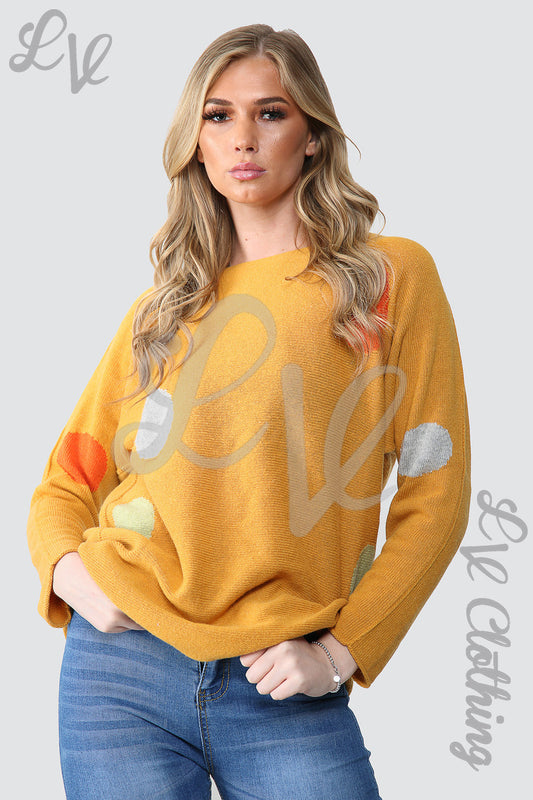 Mustard fine-knit jumper with multicolored spot detail, crew neck, long sleeves