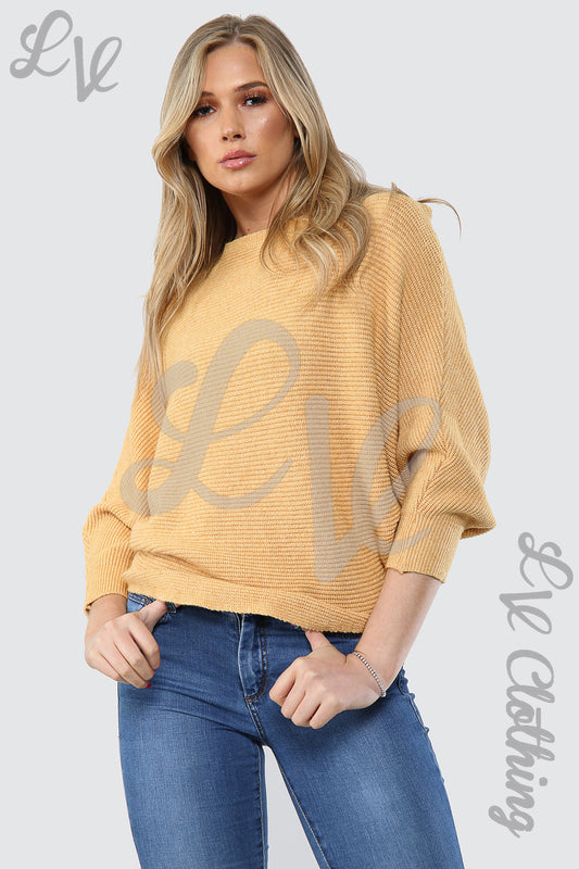 Mustard knitted jumper with batwing sleeves and relaxed fit, round neck