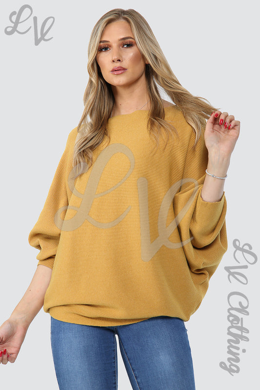 Mustard ribbed batwing knit jumper with wide sleeves and round neck
