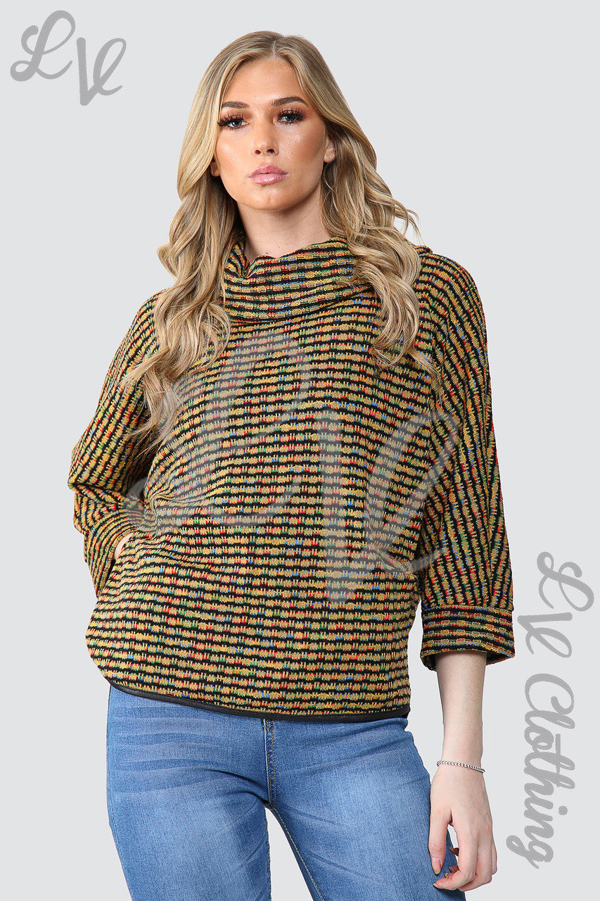 Ladies Multicoloured Cowl Neck Knitted Jumper Mustard - Unit Price £9.99