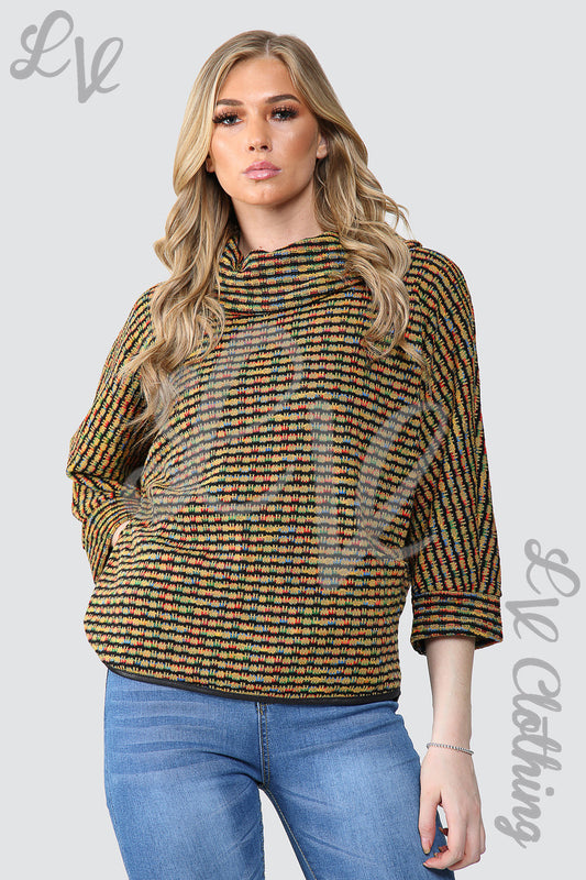 Ladies cowl neck knitted jumper, multicolour mustard, olive and black knit
