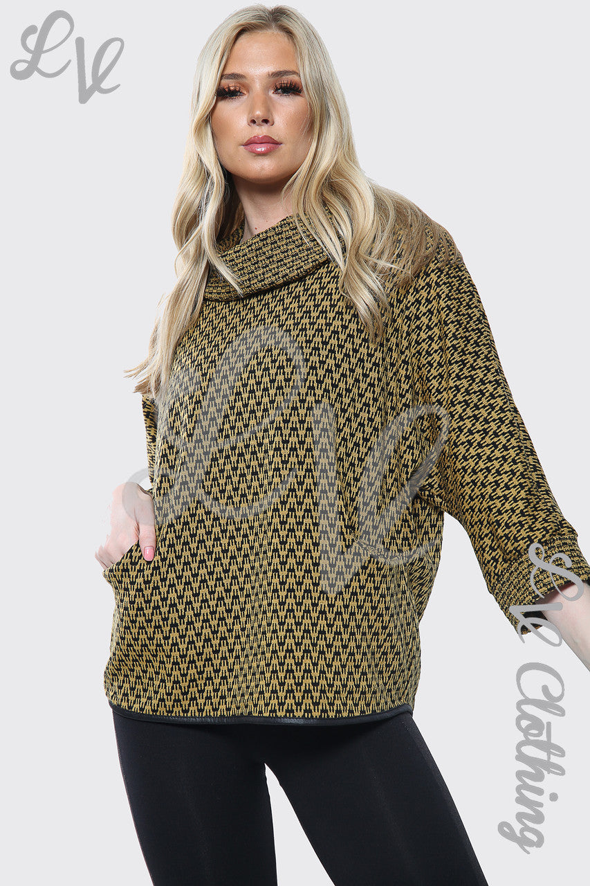 Ladies Cowl Neck Dogtooth Print Jumper Mustard Unit Price £12.99