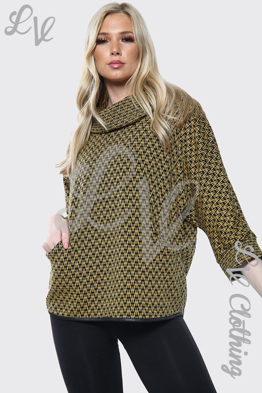Ladies cowl neck dogtooth print jumper, mustard and dark green, long sleeves