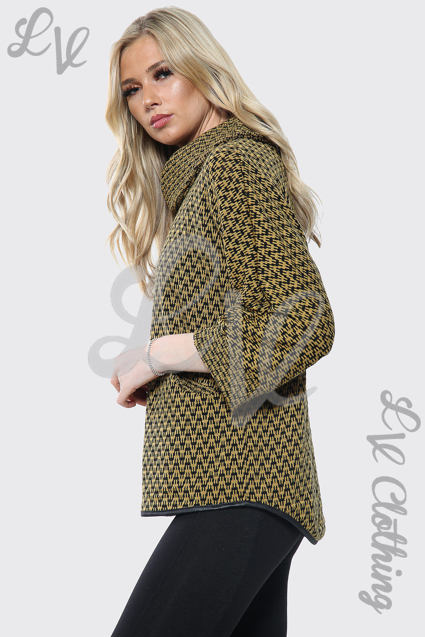Ladies Cowl Neck Dogtooth Print Jumper Mustard Unit Price £12.99