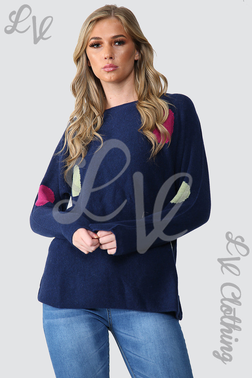 Ladies Fine Knit Spot Detail Jumper Navy - Unit Price £18.99