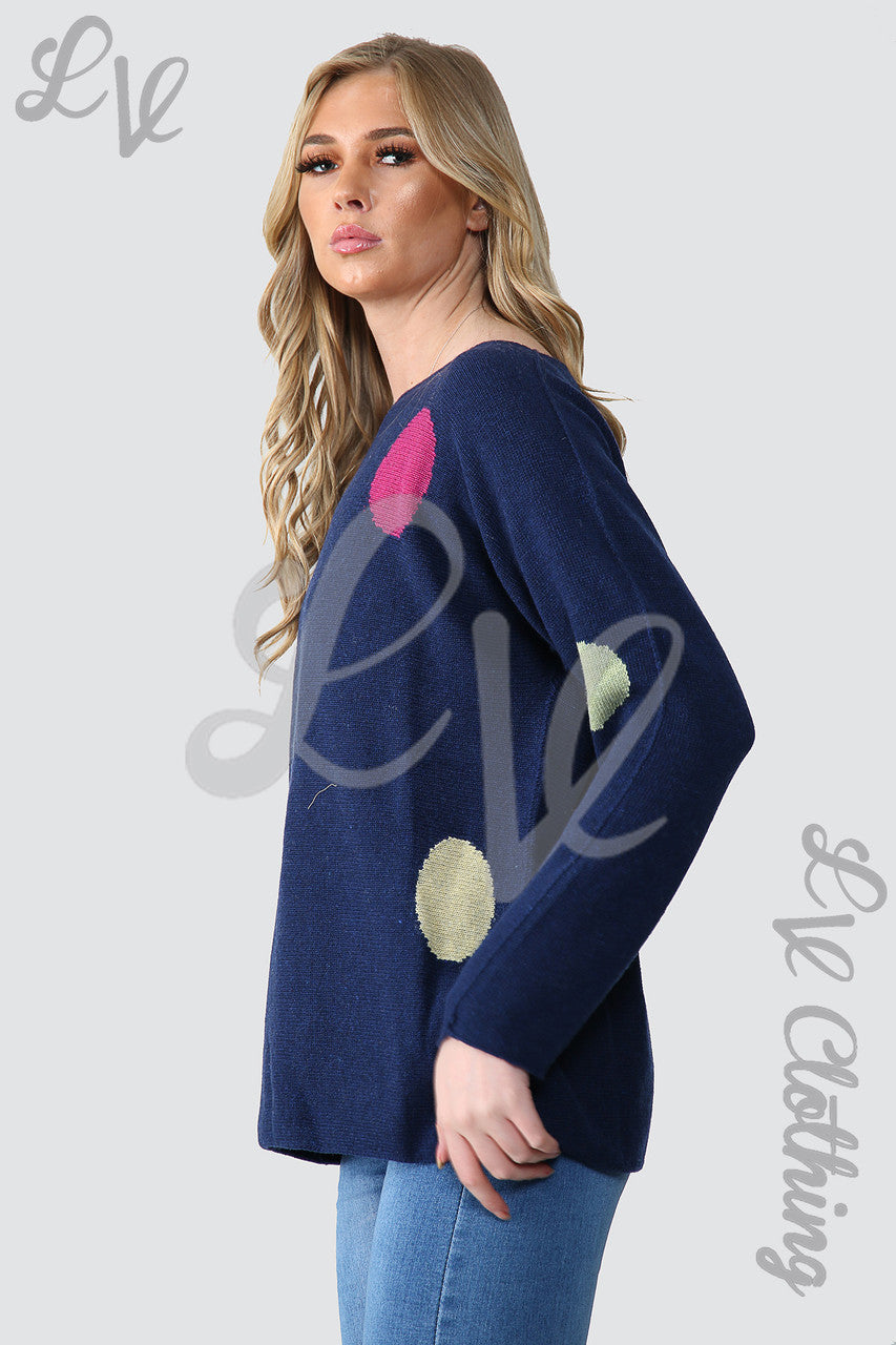Ladies Fine Knit Spot Detail Jumper Navy - Unit Price £18.99