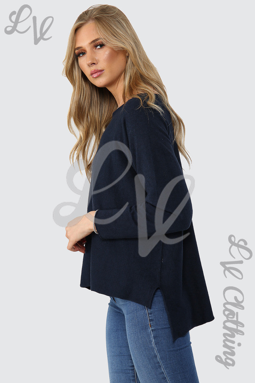Dames Hi Lo Fijn Gebreide Trui Top Marine - Stukprijs £15,99