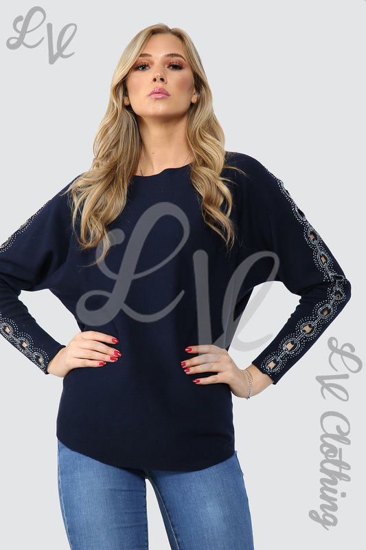 Navy jumper with cut-out sleeves and sequin trim, long sleeves, relaxed fit