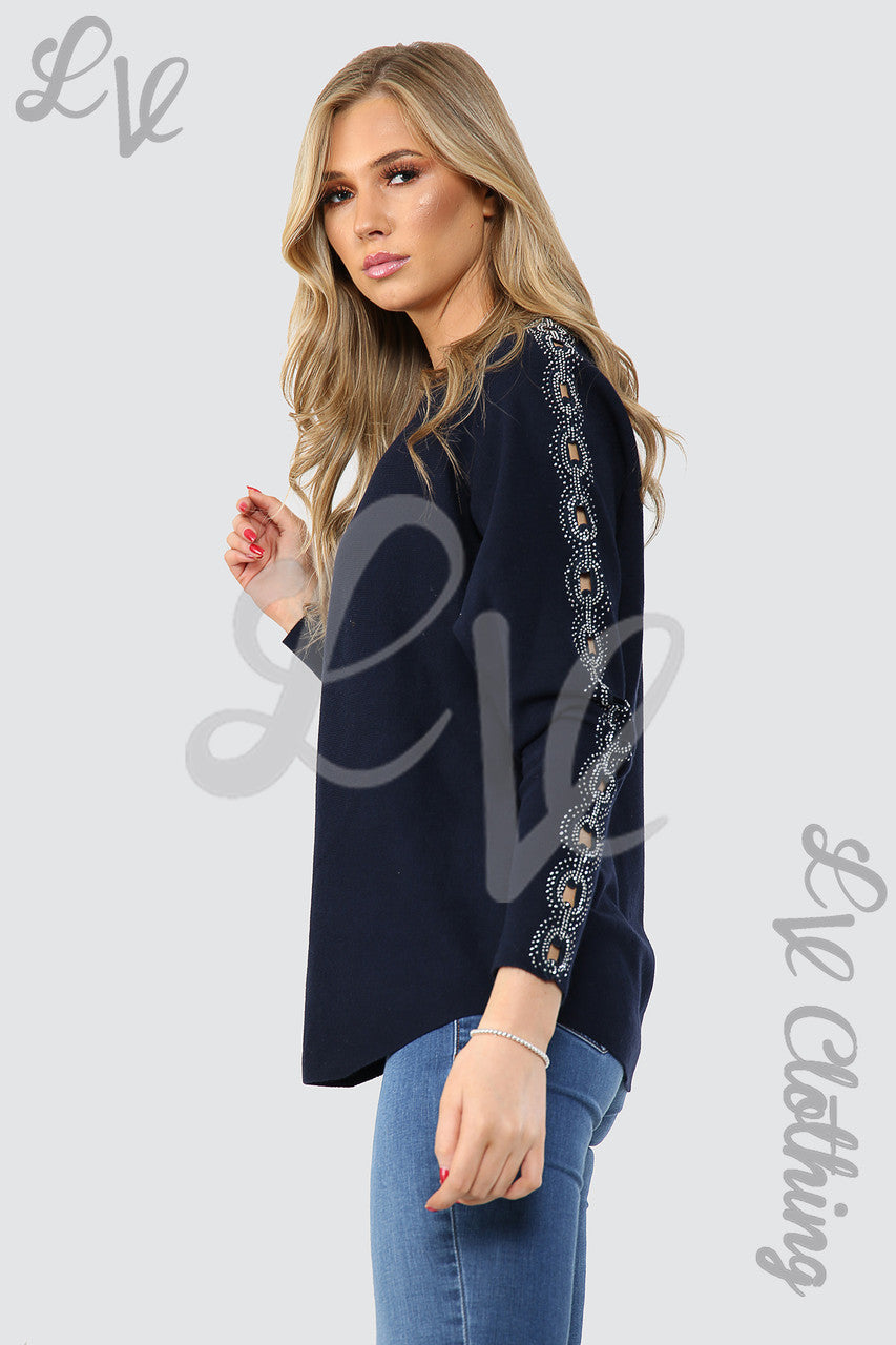 Ladies Sequin & Cut Out Sleeve Detail Jumper Navy - Unit Price £17.99