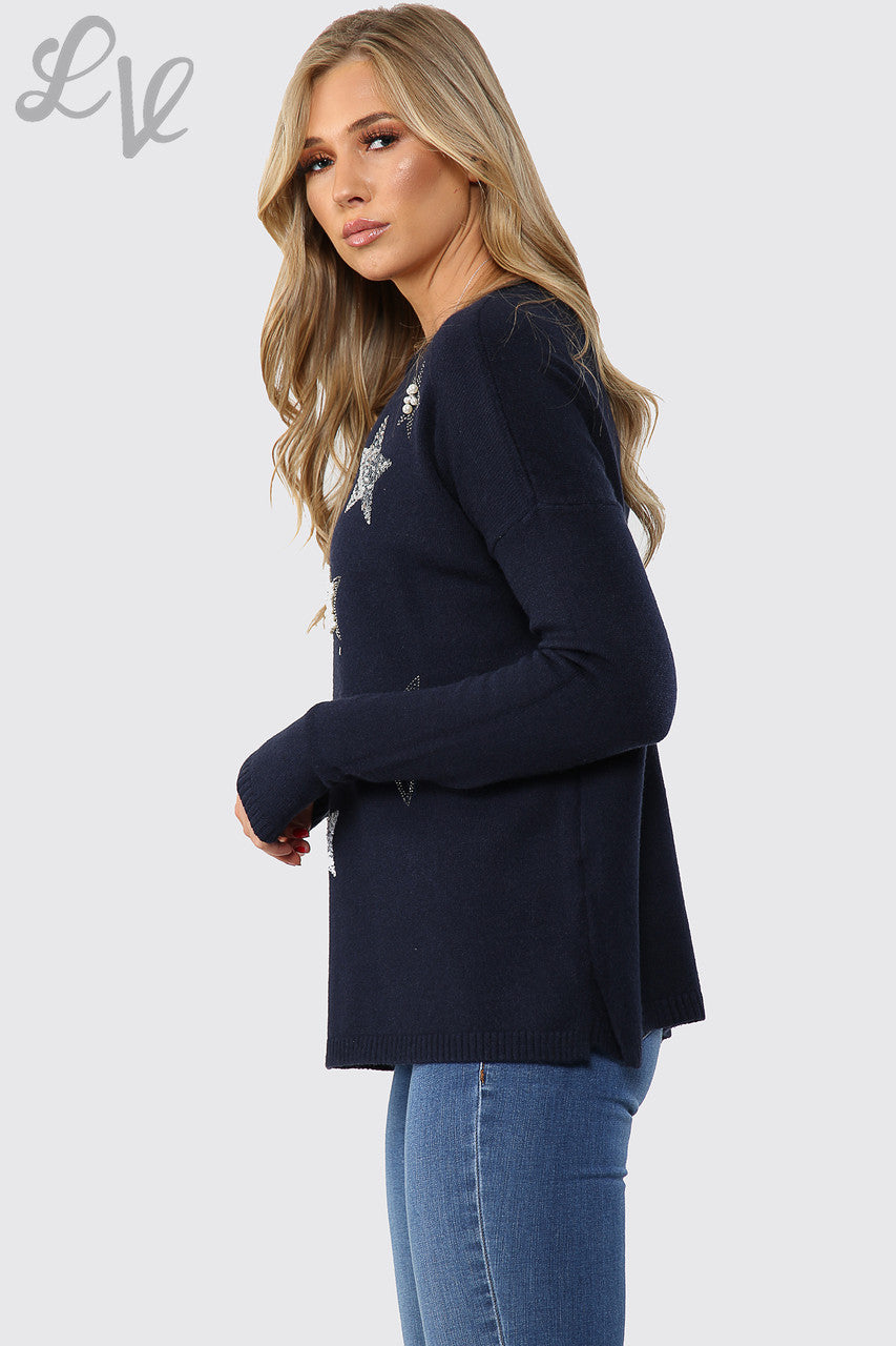 Ladies Sequin Star Detail Jumper Sweatshirt Navy Unit Price WAS £16.99 NOW £14.99