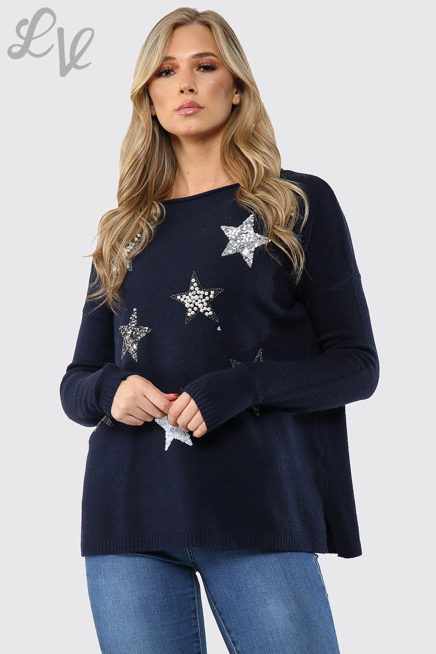 Ladies Sequin Star Detail Jumper Sweatshirt Navy Unit Price WAS £16.99 NOW £14.99