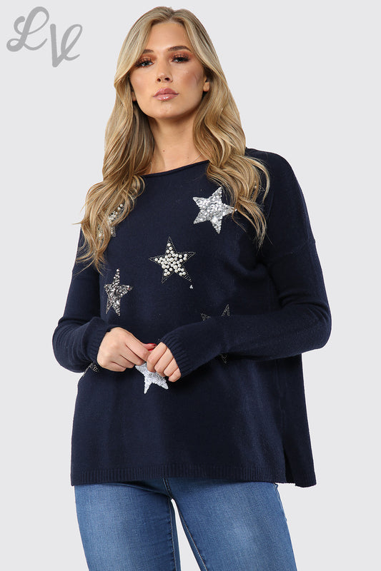 Ladies Sequin Star Detail Jumper Sweatshirt Navy Unit Price WAS £16.99 NOW £14.99