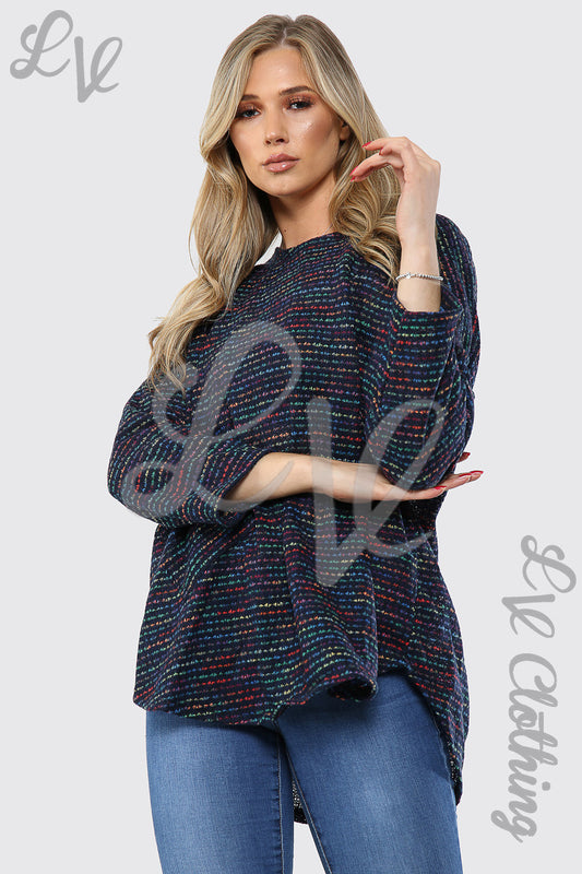 Navy multicolour knitted jumper with front pocket, long sleeves and crew neck