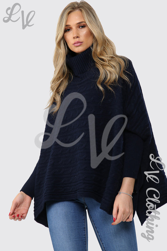 Dark navy cowl-neck cable knit batwing jumper, loose fit