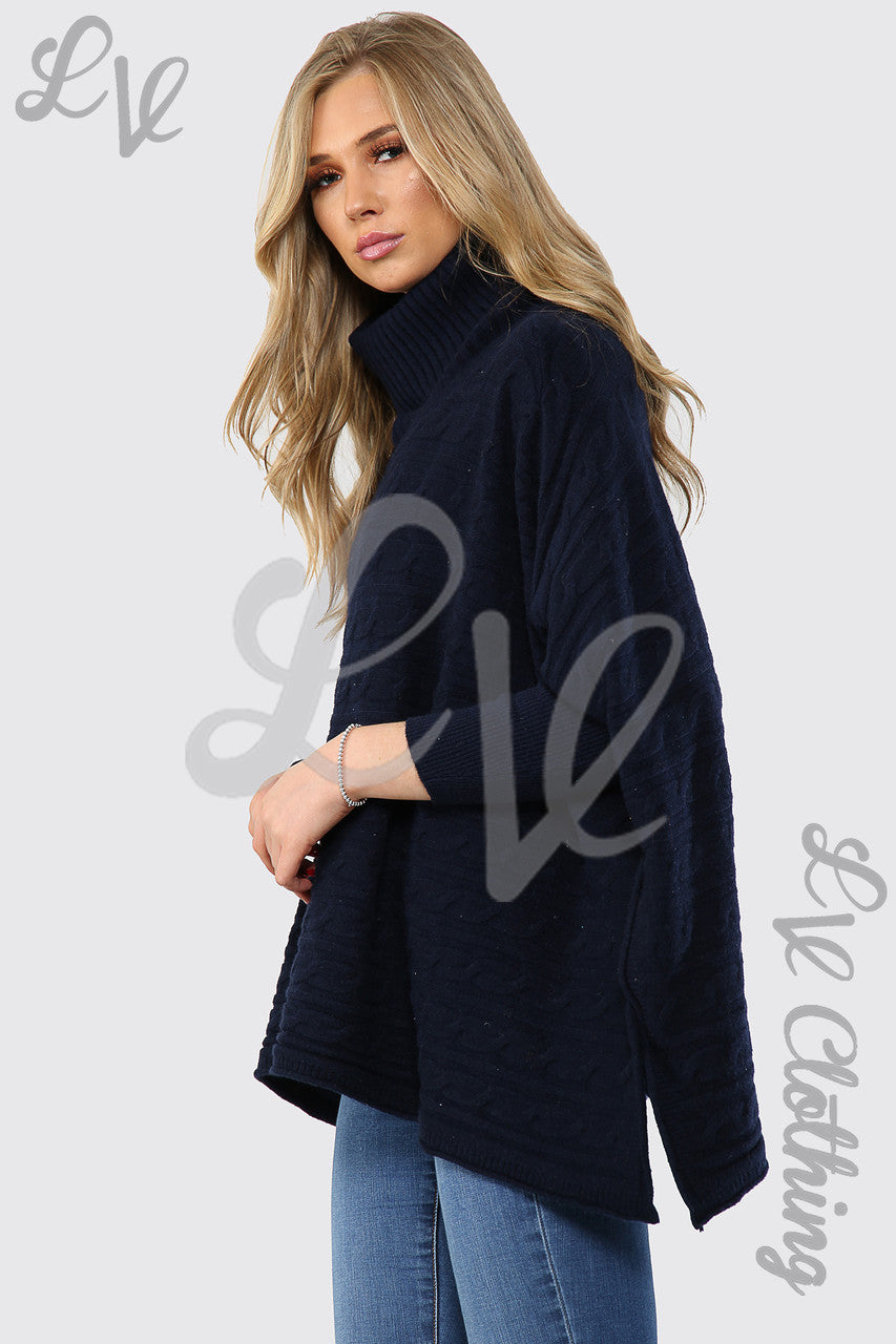 Dames Coltrui Kabelgebreide Vleermuismouwentrui Marineblauw - Stukprijs € 20,99