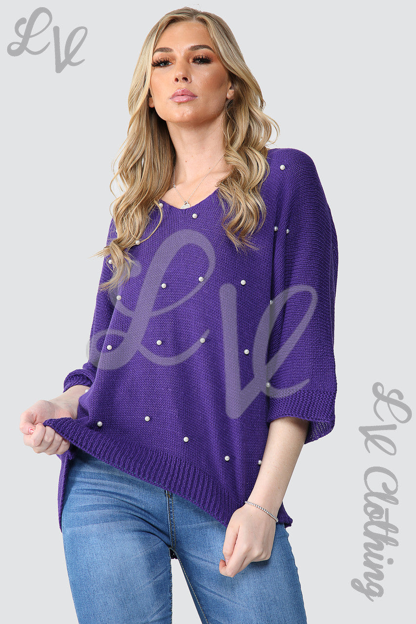 Ladies Pearl Detail Front With Cut Out Back Jumper Purple - Unit Price £10.99