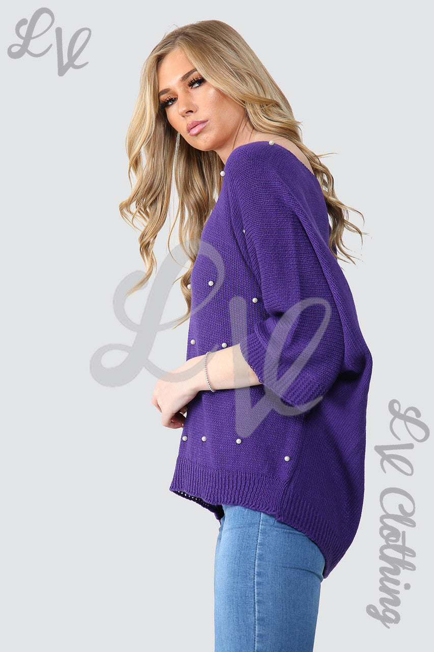 Ladies Pearl Detail Front With Cut Out Back Jumper Purple - Unit Price £10.99