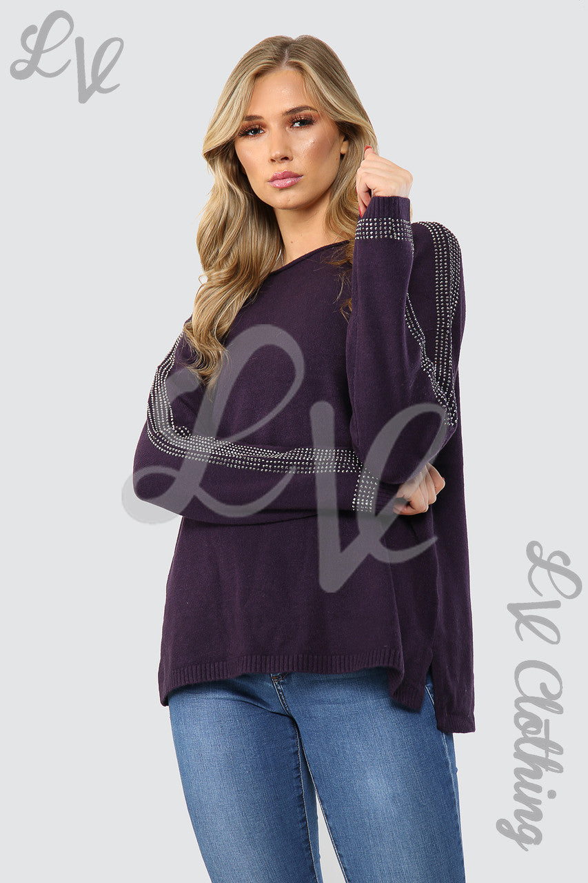 Ladies Sequin Sleeve Detail Jumper Purple - Unit Price £17.99