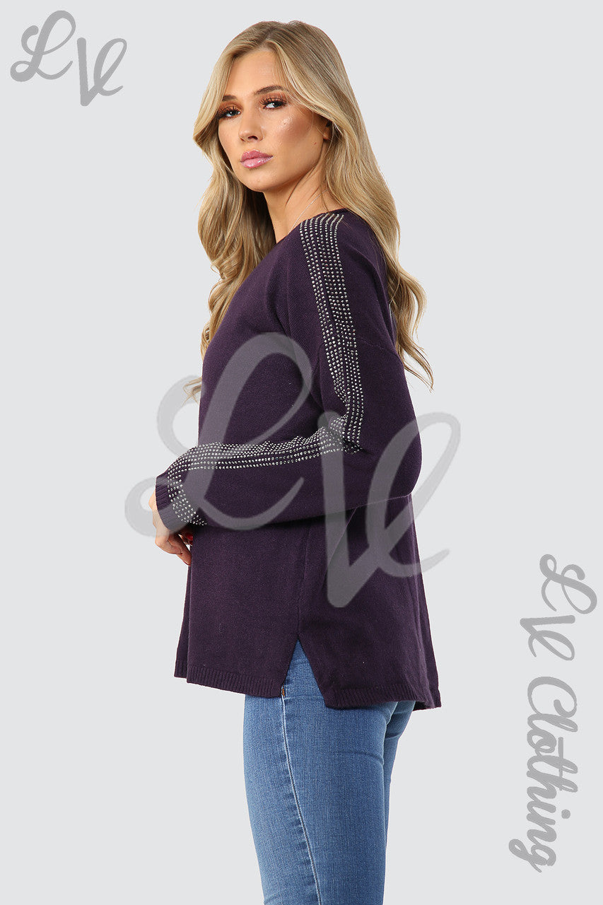 Ladies Sequin Sleeve Detail Jumper Purple - Unit Price £17.99