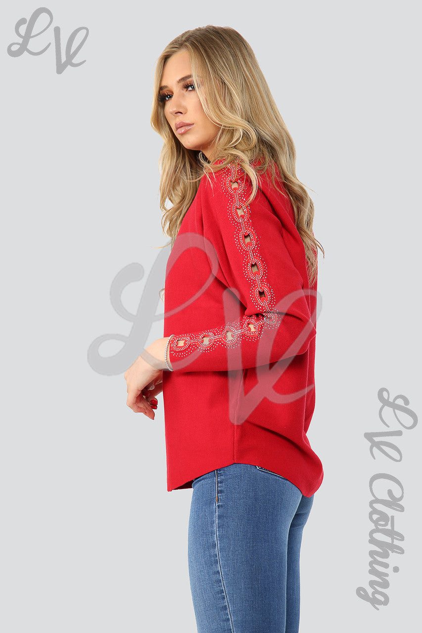 Ladies Sequin & Cut Out Sleeve Detail Jumper Red - Unit Price £20.99