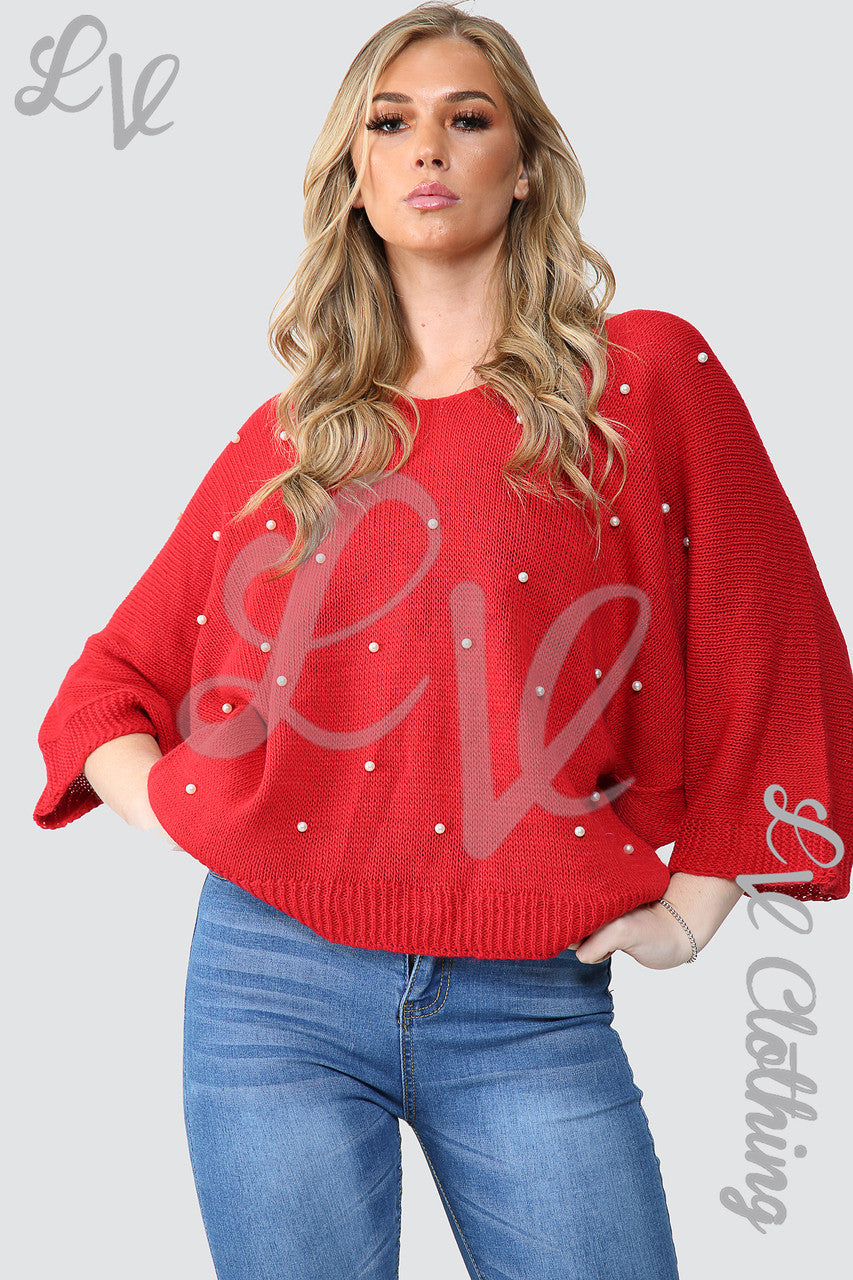 Dames Trui met Parels en Uitsnijding op de Rug Rood - Prijs per stuk €10,99