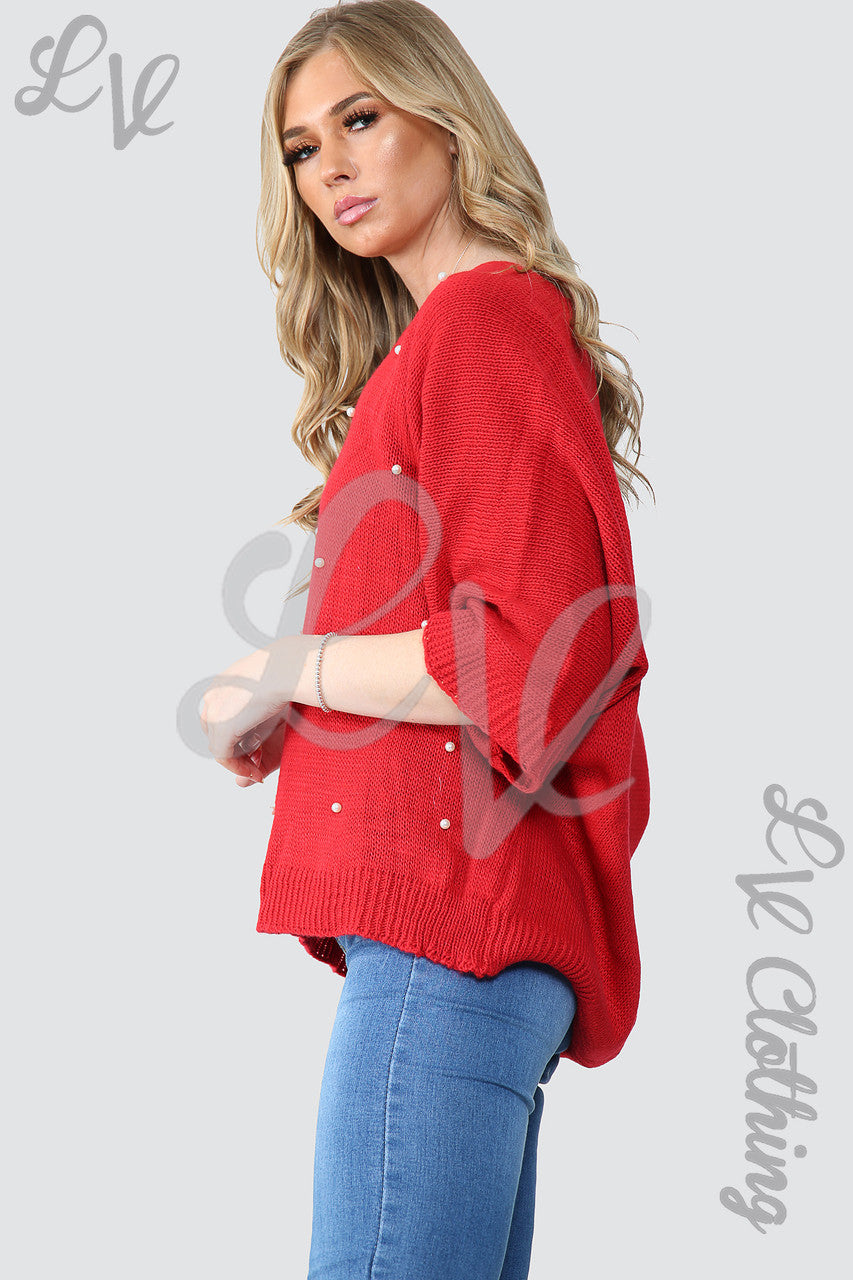 Dames Trui met Parels en Uitsnijding op de Rug Rood - Prijs per stuk €10,99