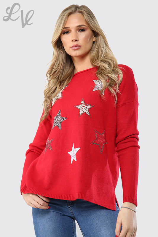 Ladies Sequin Star Detail Jumper Sweatshirt Red Unit Price £16.99
