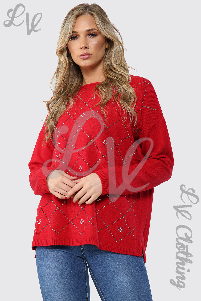 Ladies Sequin Diamond Detail Jumper Red - Unit Price £20.99
