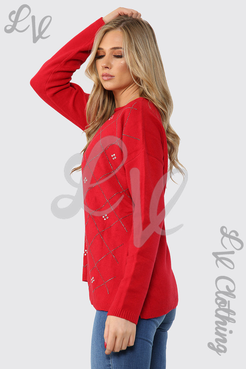 Ladies Sequin Diamond Detail Jumper Red - Unit Price £20.99