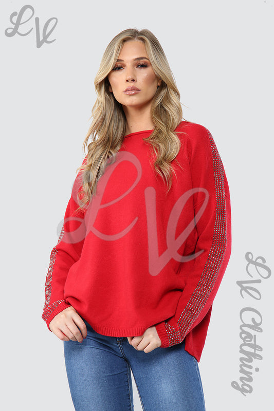 Red jumper with sequin sleeves and crew neck, relaxed fit and ribbed cuffs