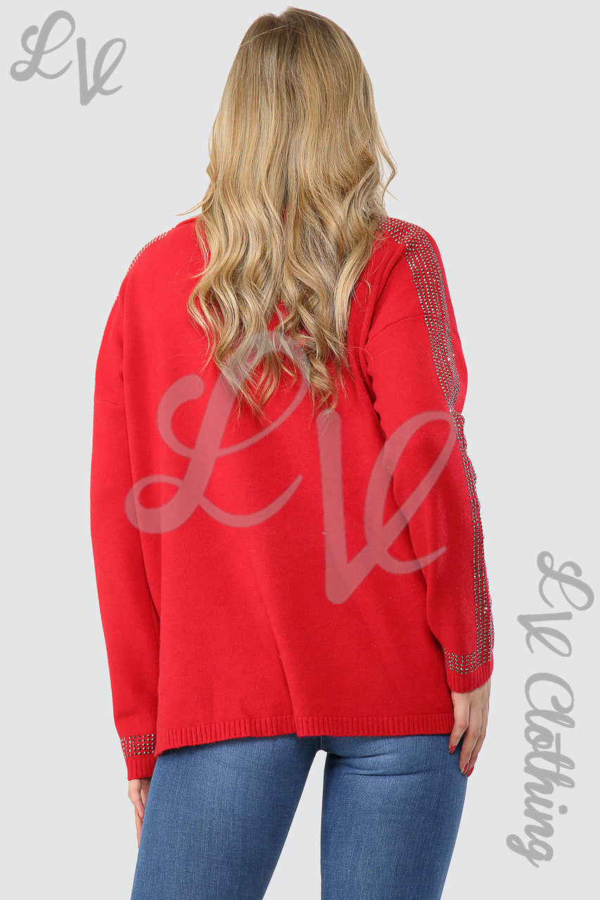 Dames trui met pailletten op de mouwen rood - Prijs per eenheid €17,99