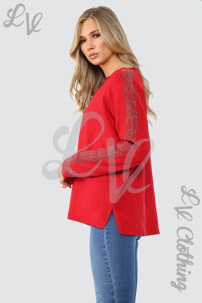 Dames trui met pailletten op de mouwen rood - Prijs per eenheid €17,99