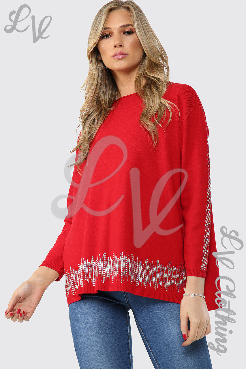 Dames trui met paillettenzoom en mouwen rood per stuk € 17,99