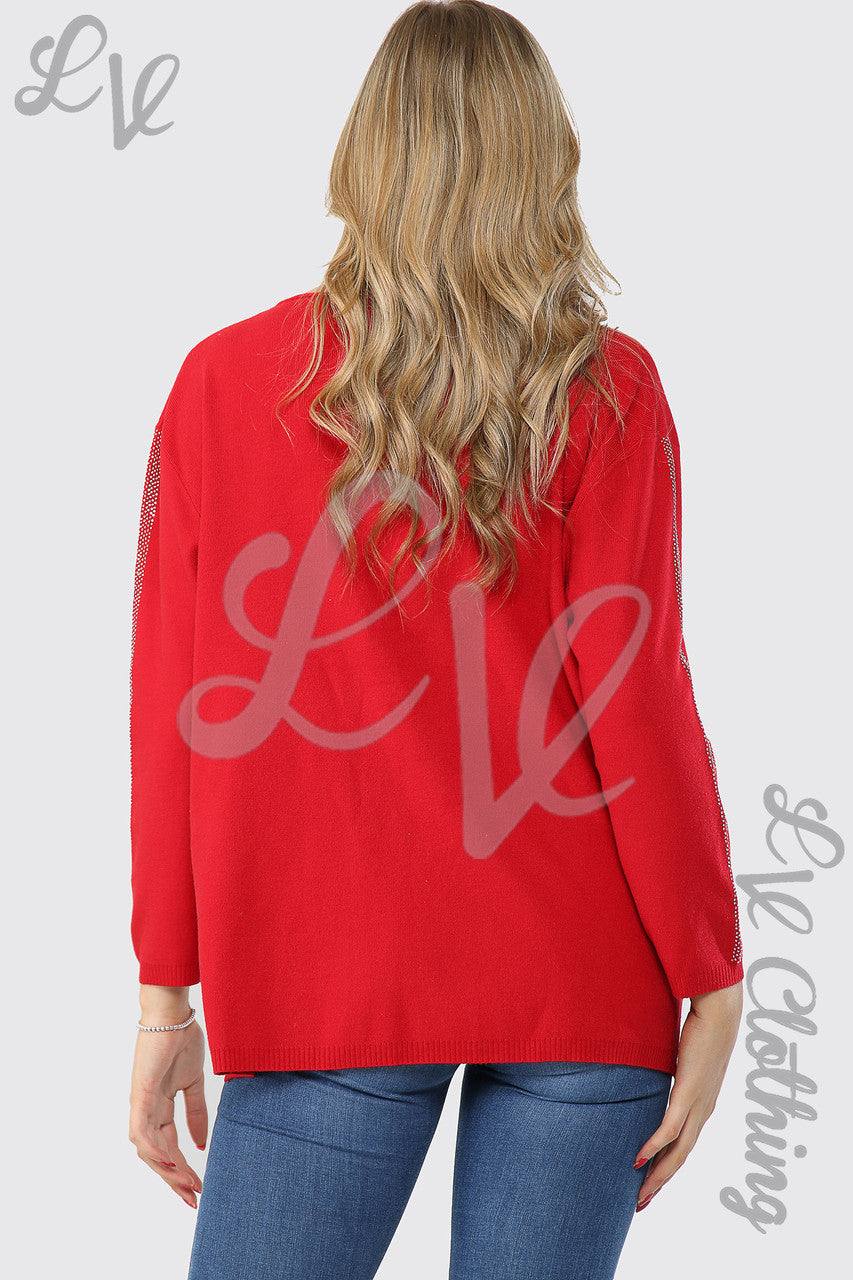 Dames trui met paillettenzoom en mouwen rood per stuk € 17,99