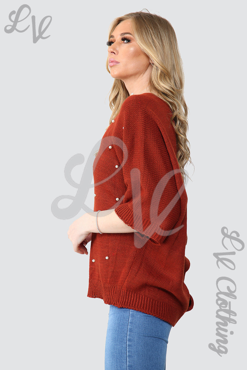 Dames Trui met Pareldetail Voorkant en Uitgesneden Rug Roest - Eenheidsprijs €10.99