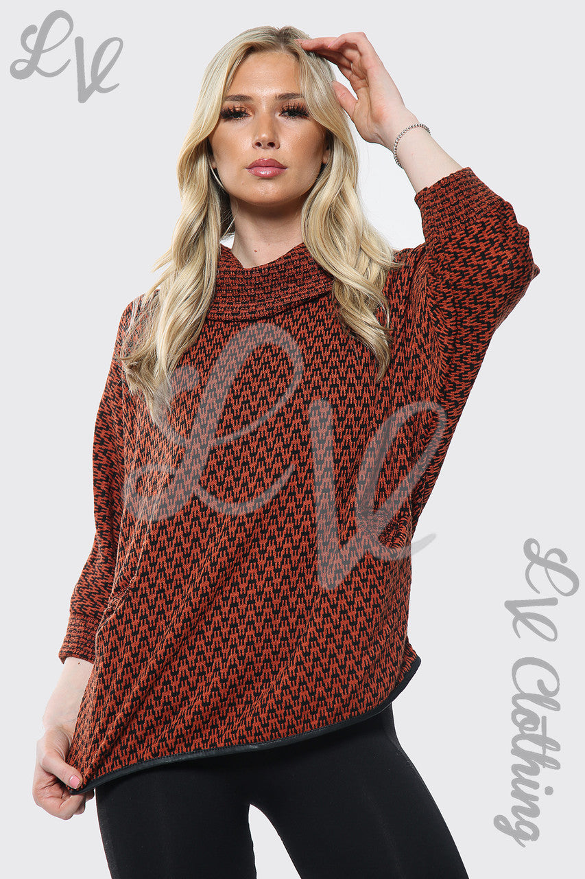 Dames trui met col en pied-de-pouleprint roest eenheidsprijs € 10,99