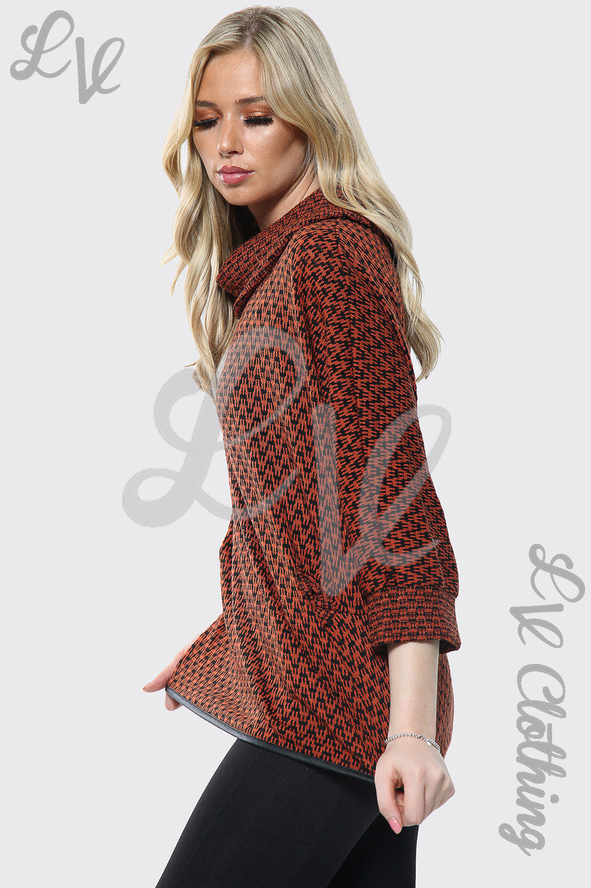 Dames trui met col en pied-de-pouleprint roest eenheidsprijs € 10,99