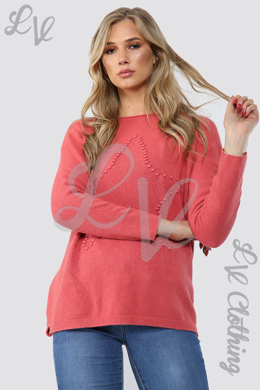 Ladies Star Imprint Jumper Top Salmon - Unit Price £14.99