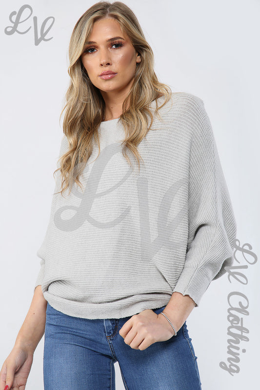 Silver knitted batwing-sleeve jumper with crew neck, relaxed fit